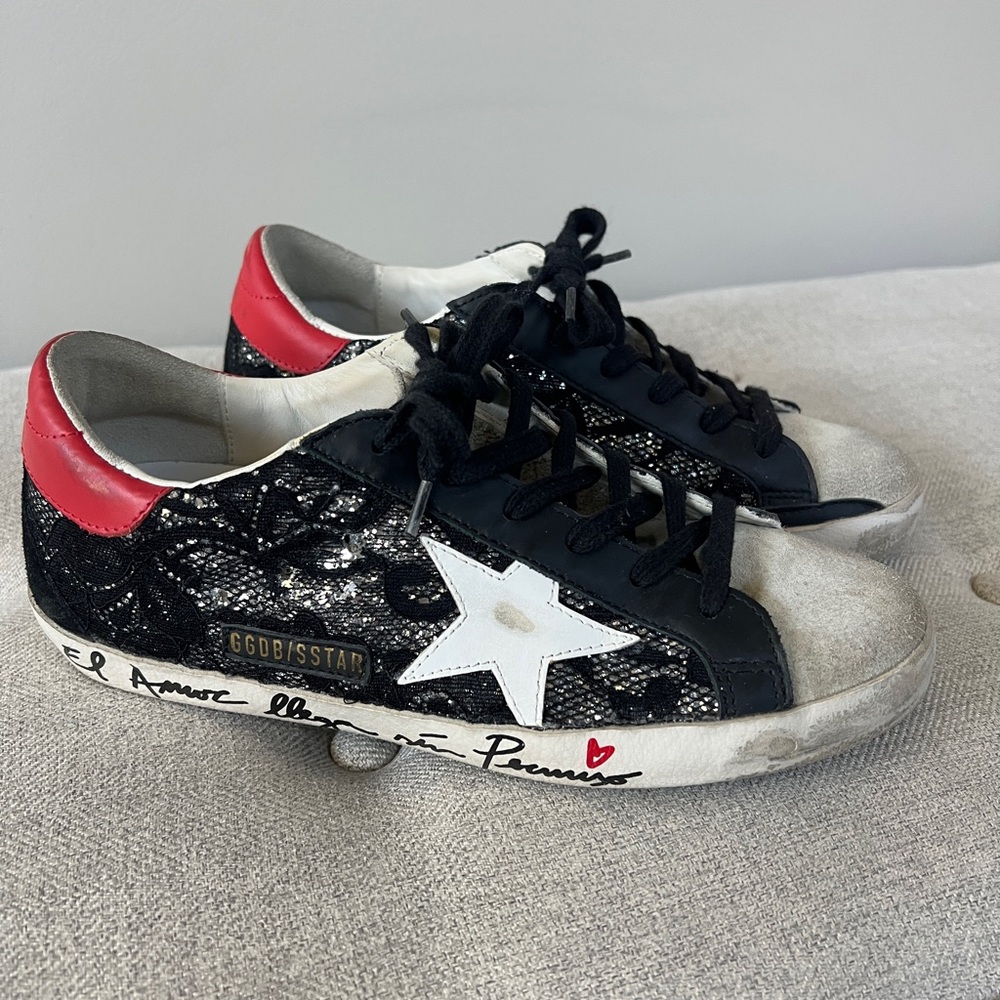 Golden Goose Black Lace Sneakers with Red Accents